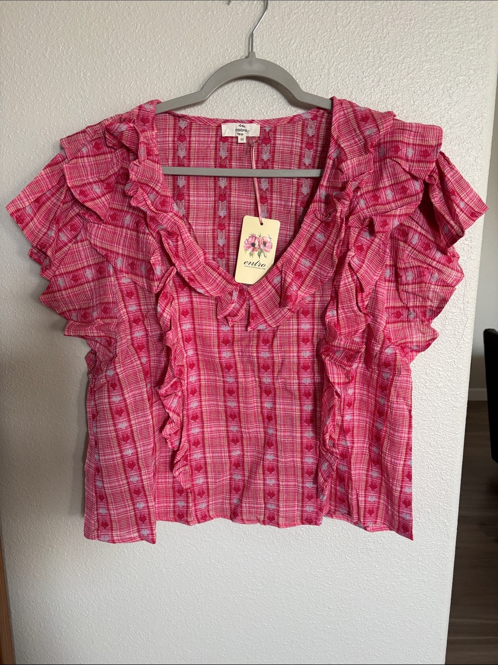 entro Pink Plaid Ruffled V-Neck Blouse